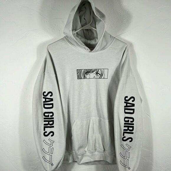 🔥🔥 SAD GIRLS Anime Animebae Ocean Eyes White Hoodie Sweatshirt Sz XL - EUC - Picture 1 of 8